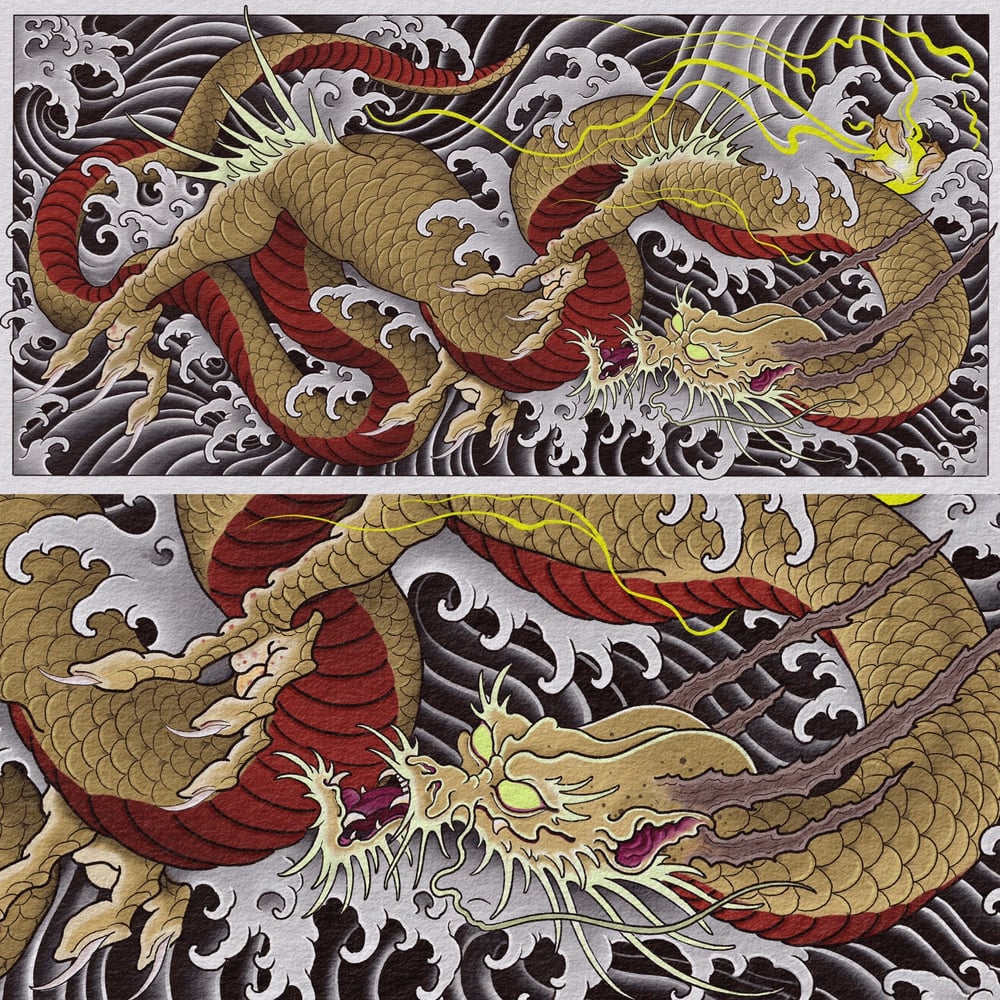 Image of Dragon and waves print