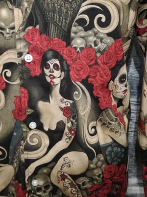 Image of Day of the dead red roses skeletons senioritas