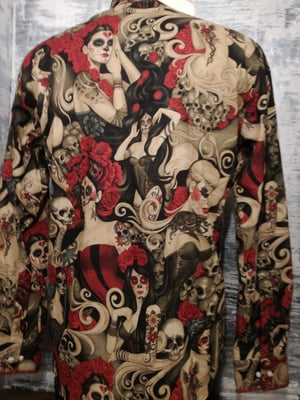 Image of Day of the dead red roses skeletons senioritas