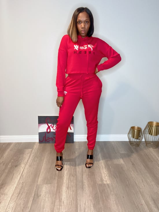 grey and red sweatsuit