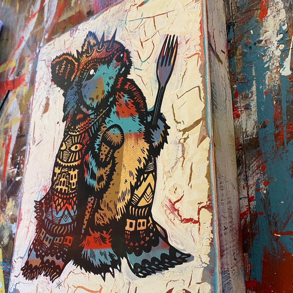 Image of The Peckish Assassin on Distressed Pine Panel 