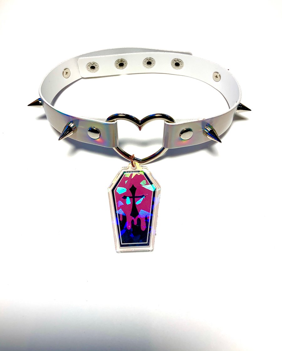 Image of Pink Coffin Holographic Heart-Ring Choker