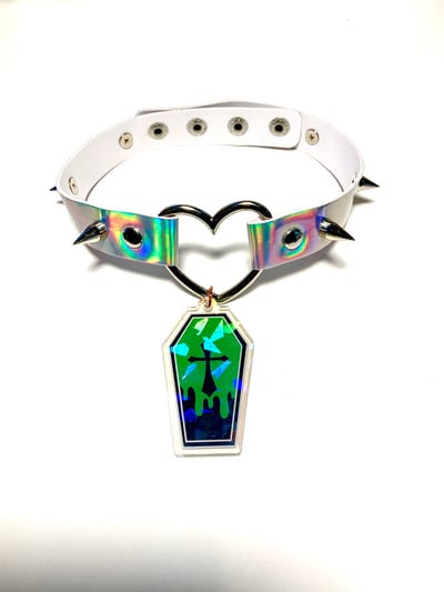 Image of Green Coffin Holographic Heart-Ring Choker