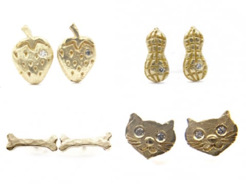Peanut Studs, Strawberry Studs, Cat Studs (14 kt and diamond) - Image 1 of 4