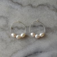 Image 1 of Sterling Silver and Three Pearl Hoop Earrings 