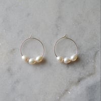 Image 4 of Sterling Silver and Three Pearl Hoop Earrings 