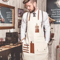 Image 1 of Barber Apron in Canvas Cream Color with leather Pockets and Straps