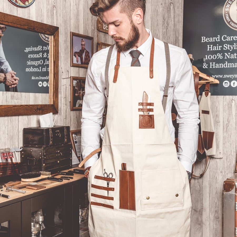 Image of Barber Apron in Canvas Cream Color with leather Pockets and Straps