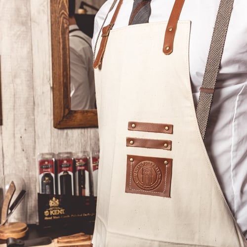 Image of Barber Apron in Canvas Cream Color with leather Pockets and Straps