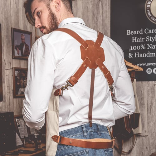 Image of Barber Vest in Canvas Cream Color with leather Pockets and Straps
