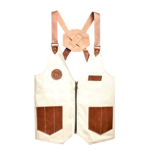 Image of Barber Vest in Canvas Cream Color with leather Pockets and Straps
