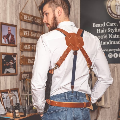Image of Barber Vest in Black Denim with Leather Pockets and Straps