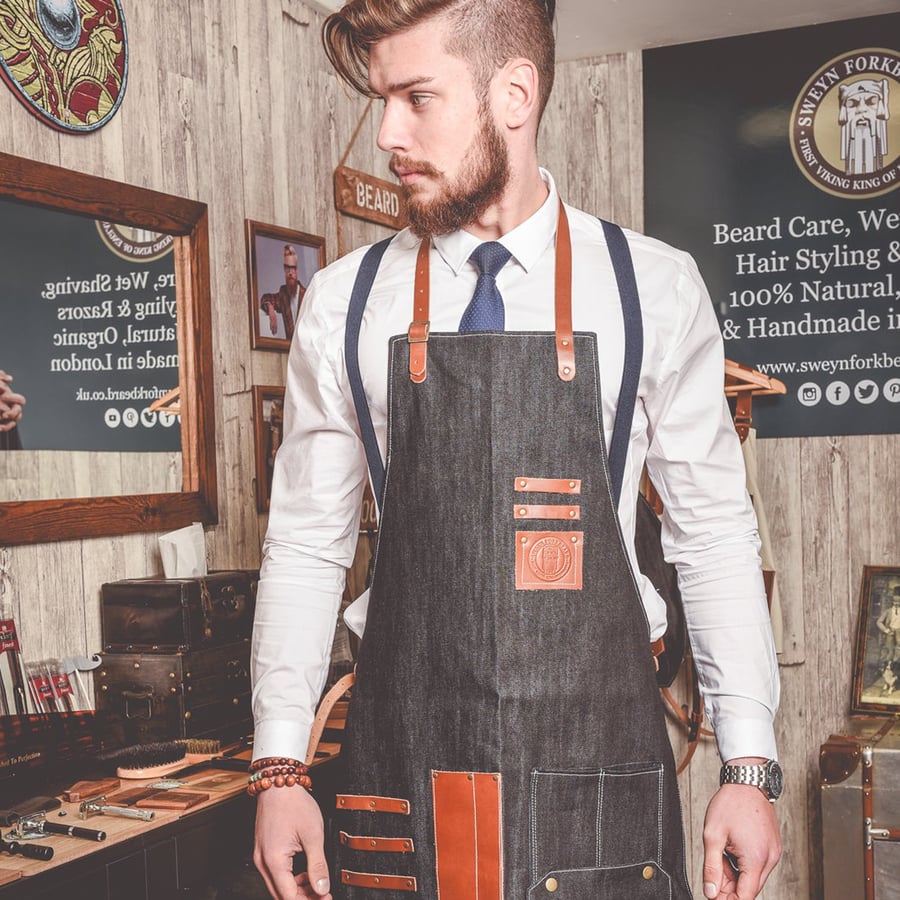 Image of Barber Apron in Black Denim with leather Pockets and Straps
