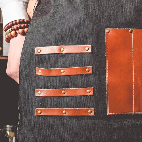 Image of Barber Apron in Black Denim with leather Pockets and Straps