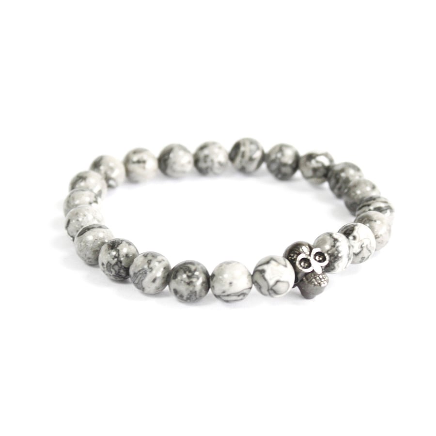 Image of Bracelet Grey Agate  with Pewter Skull 