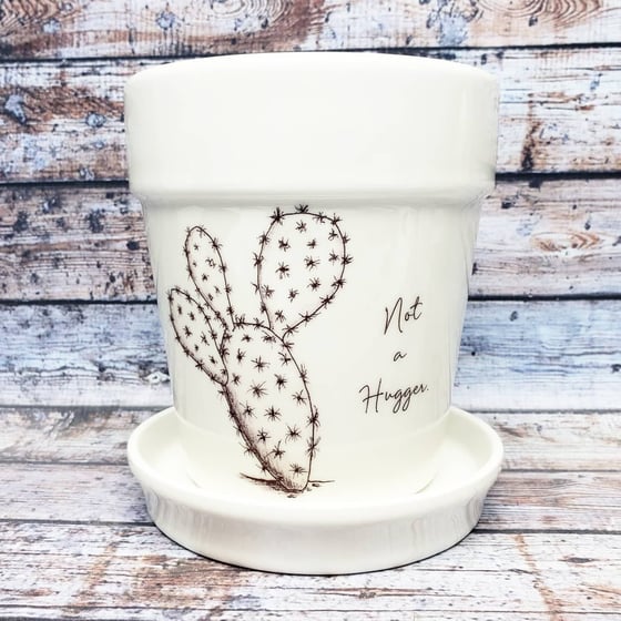 Image of Ceramic Planter with Original Cactus Sketch "Not a Hugger."