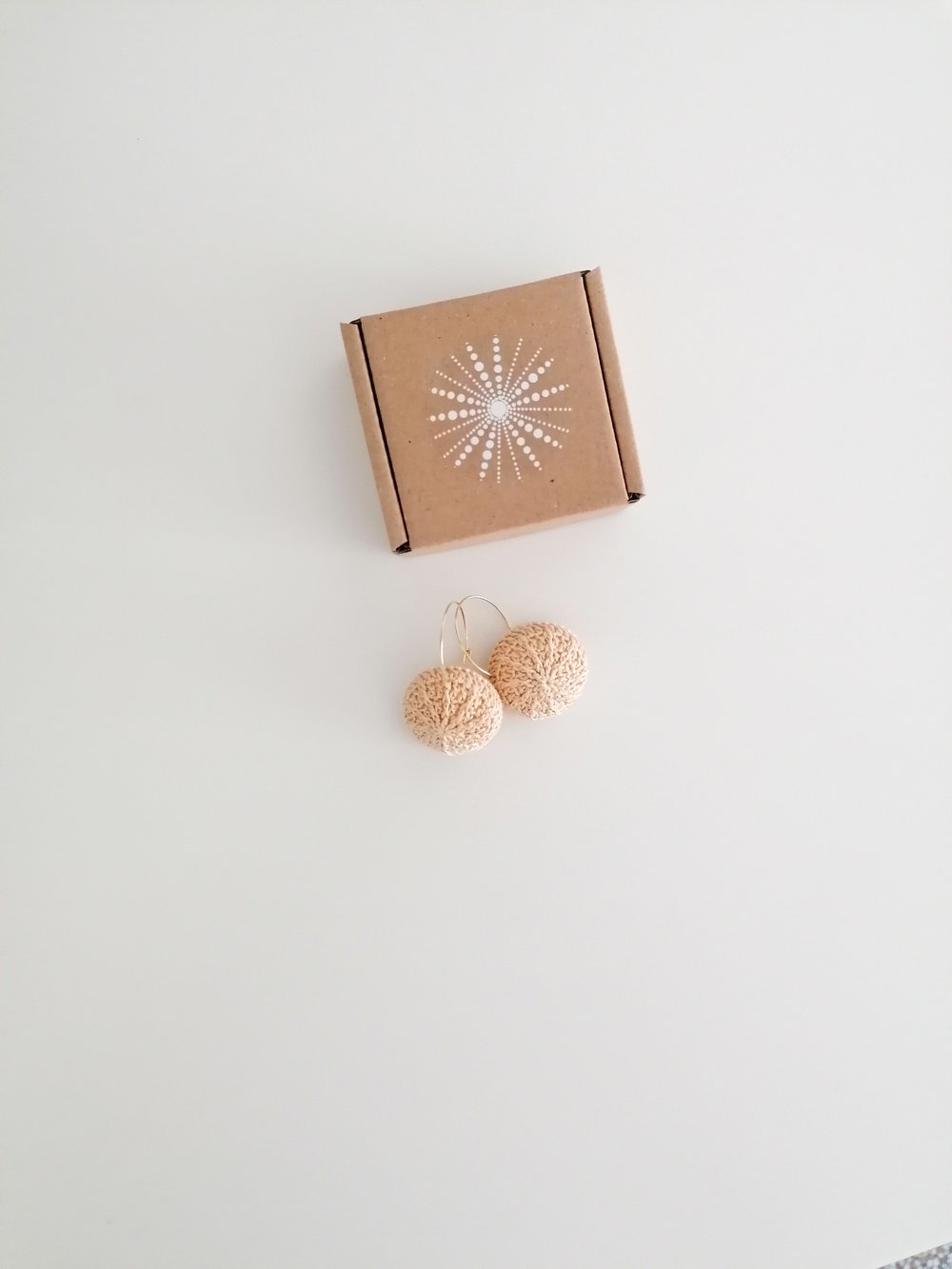 Image of Beige Sea Urchin earrings, golden hoops