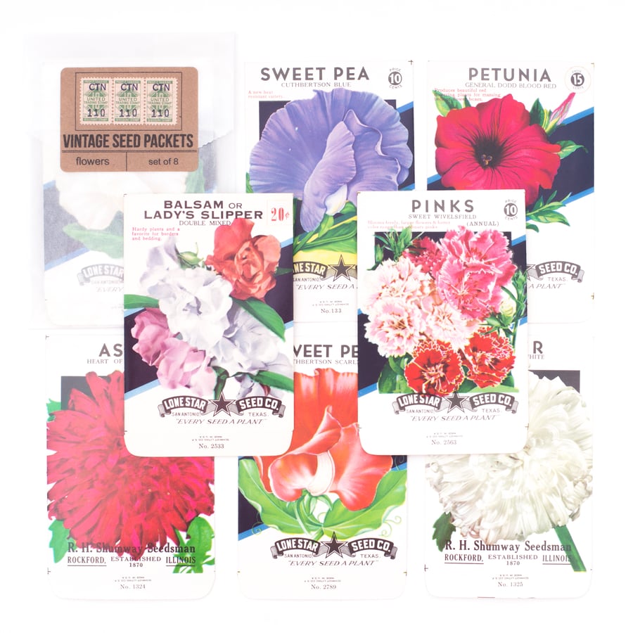 Image of Vintage Flower Seed Packets, No. 9 - Set of 8