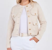 GOLD BUTTON FRONT POCKETS ROUND NECK IVORY DENIM  STRETCH JACKET