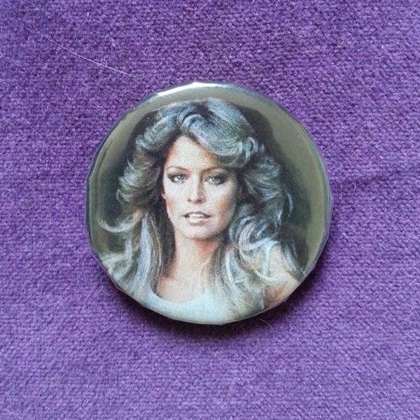 Image of badge farrah fawcett