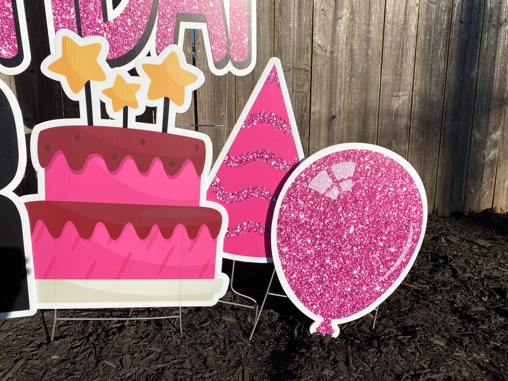 Double Happy Birthday Signs In Glitter Pink! with Stakes