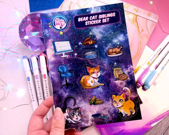Bear Cat Siblings HOLOGRAPHIC Sticker Set 5 x 7