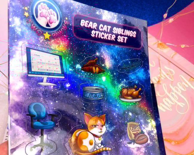 Bear Cat Siblings HOLOGRAPHIC Sticker Set 5 x 7