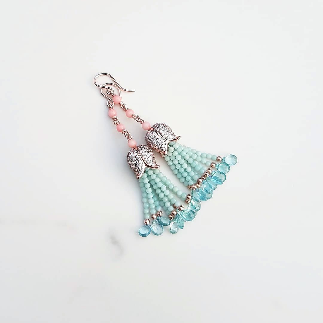 Coral, Amazonite, Aquamarine Mini Tassel Earrings
