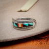 Zuni Inlay Mosaic Inlay Ring with Turquoise, Jet, Coral and Mother of Pearl size 6.5 signed ZUNI NM