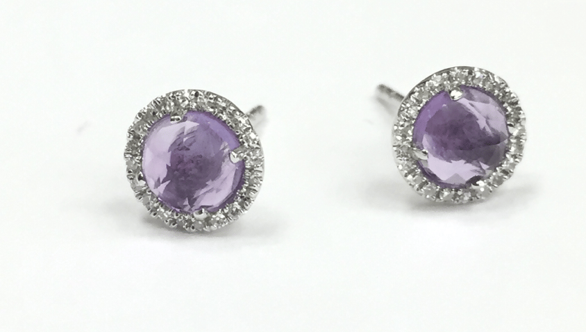 Image of Rose Cut Blue Topaz, Amethyst, PinkTourmaline or Rainbow Moonstone Stud Earrings with Diamonds 