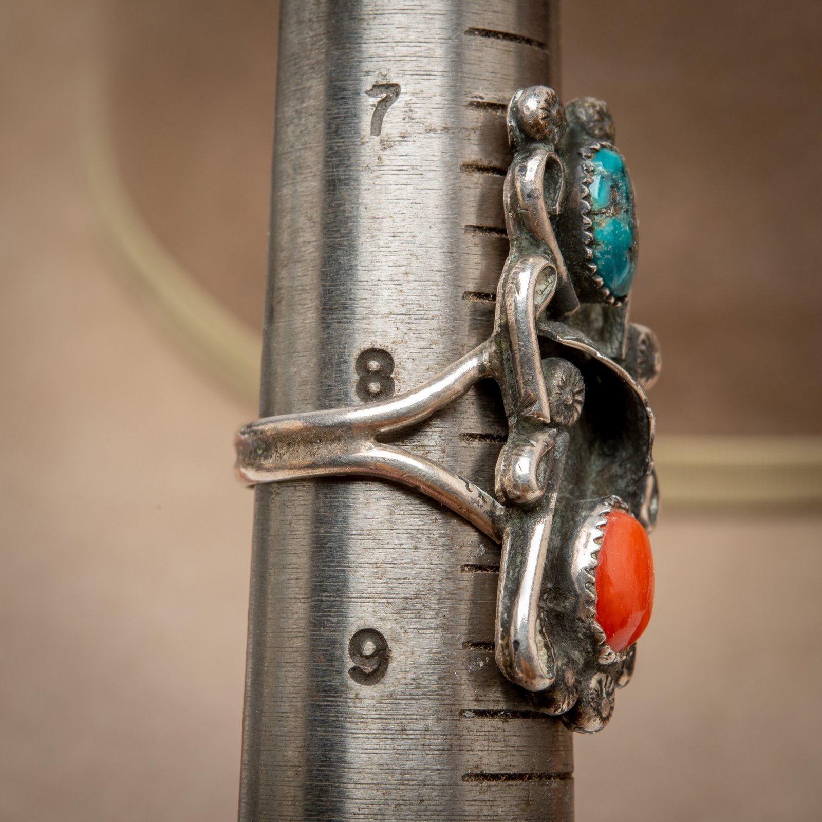 Zuni Needle Point Red Coral Ring Signed Zuni Coral Ring