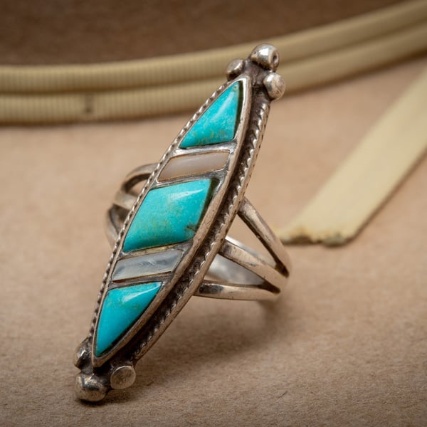 Image of Zuni Sterling Silver Ring by Zuni Silversmith with Turquoise and MOP Inlay  Size 7