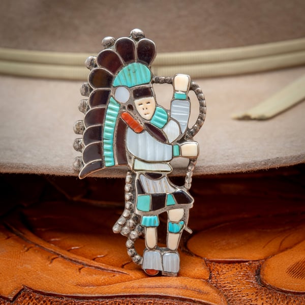 Image of Signed JA Calavaza Zuni Silversmith Snake Dancer Ring Shell Coral Carved Turquoise and MOP Size 5.5