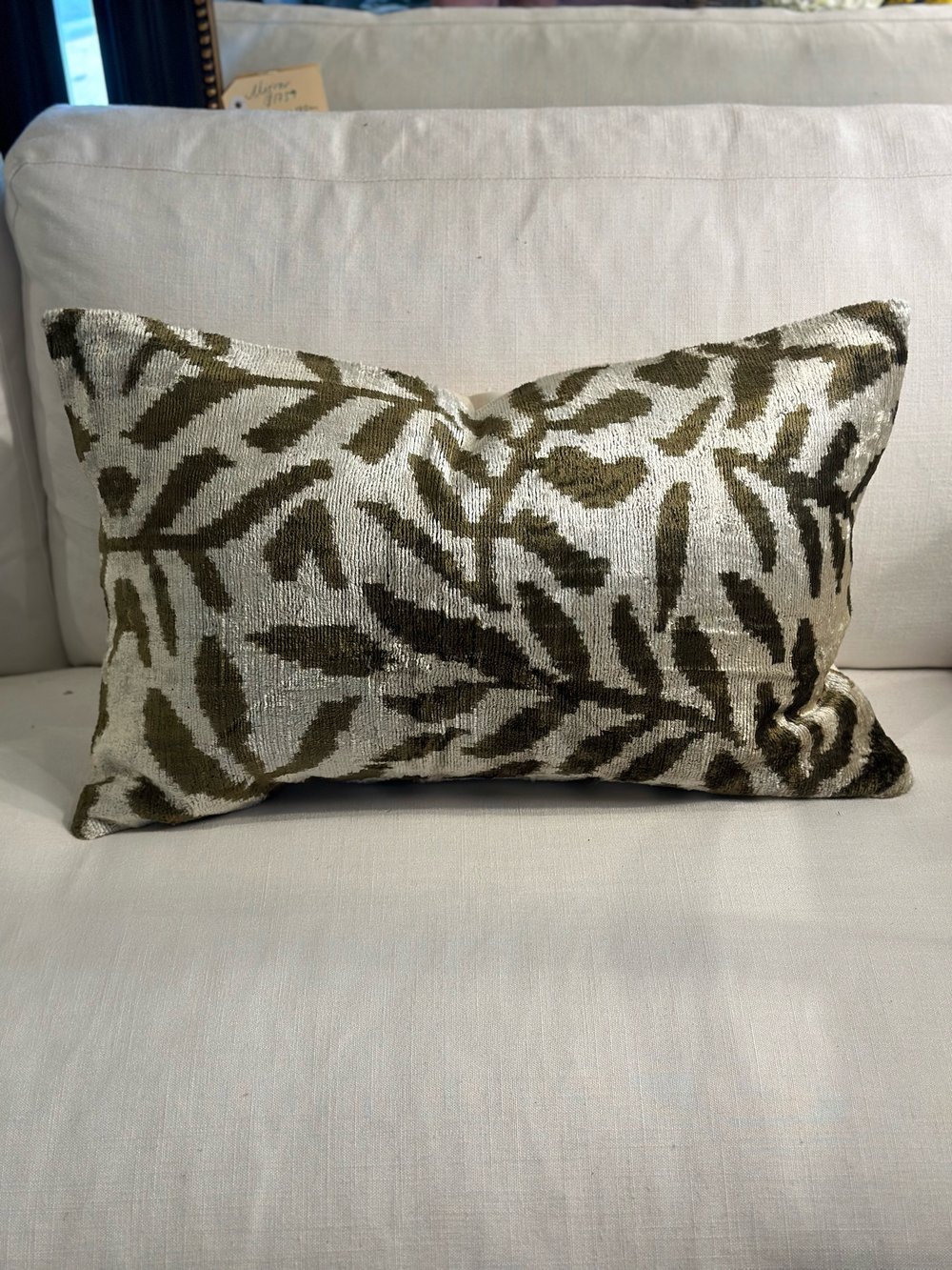 Image of Ikat Velvet Cushion with Olive-Brown Leaves