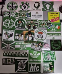 Pack of 29 Mixed Hibs, Hibernian Football/Ultras Stickers and 1 pin badge