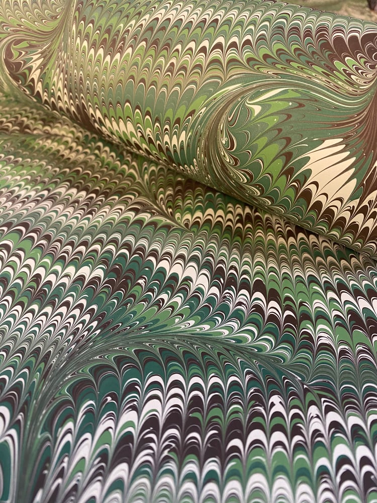 Image of Marbled Paper #24 'Green and brown Nonpareil with swirl' 