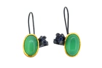 Image 2 of Contemporary Earrings. Chrysoprase and spinel in 18ct and oxidised silver. Chris Boland Jewellery