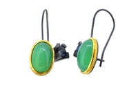 Image 4 of Contemporary Earrings. Chrysoprase and spinel in 18ct and oxidised silver. Chris Boland Jewellery