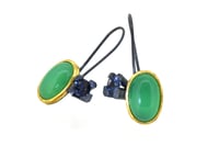Image 1 of Contemporary Earrings. Chrysoprase and spinel in 18ct and oxidised silver. Chris Boland Jewellery