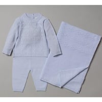 Image 2 of BABY BOYS CABLE KNITTED 3 PIECE SHAWL SET  