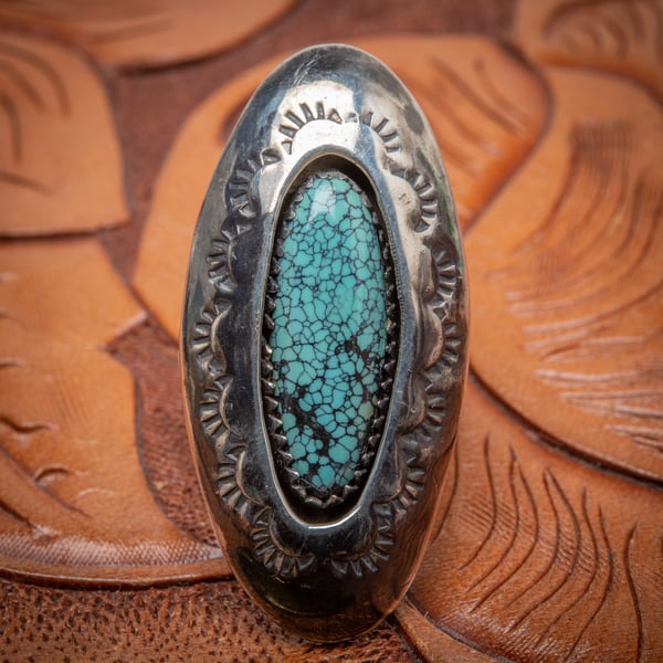 Image of Sterling Silver and Spiderweb Turquoise Shadowbox Ring by Navajo Silversmith Patricia Platero 6.5