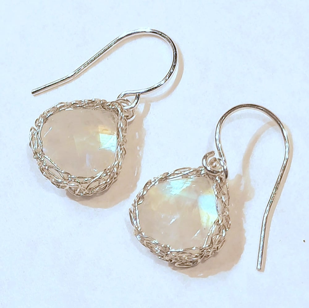 Image of Sterling Silver and Rainbow Moonstone Crochet Earrings