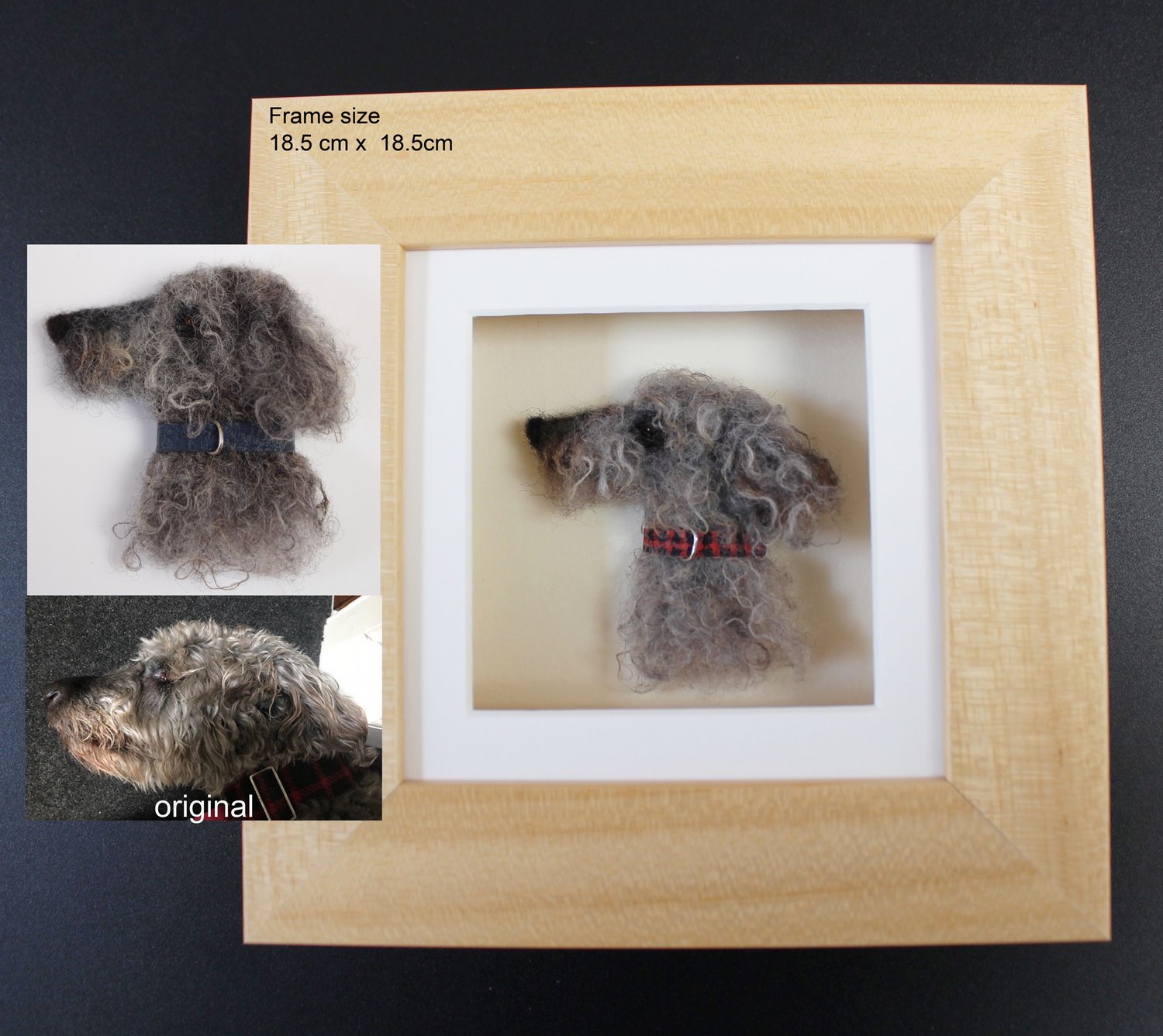 CUSTOM-MADE felted your dog friend 2D side face in frame