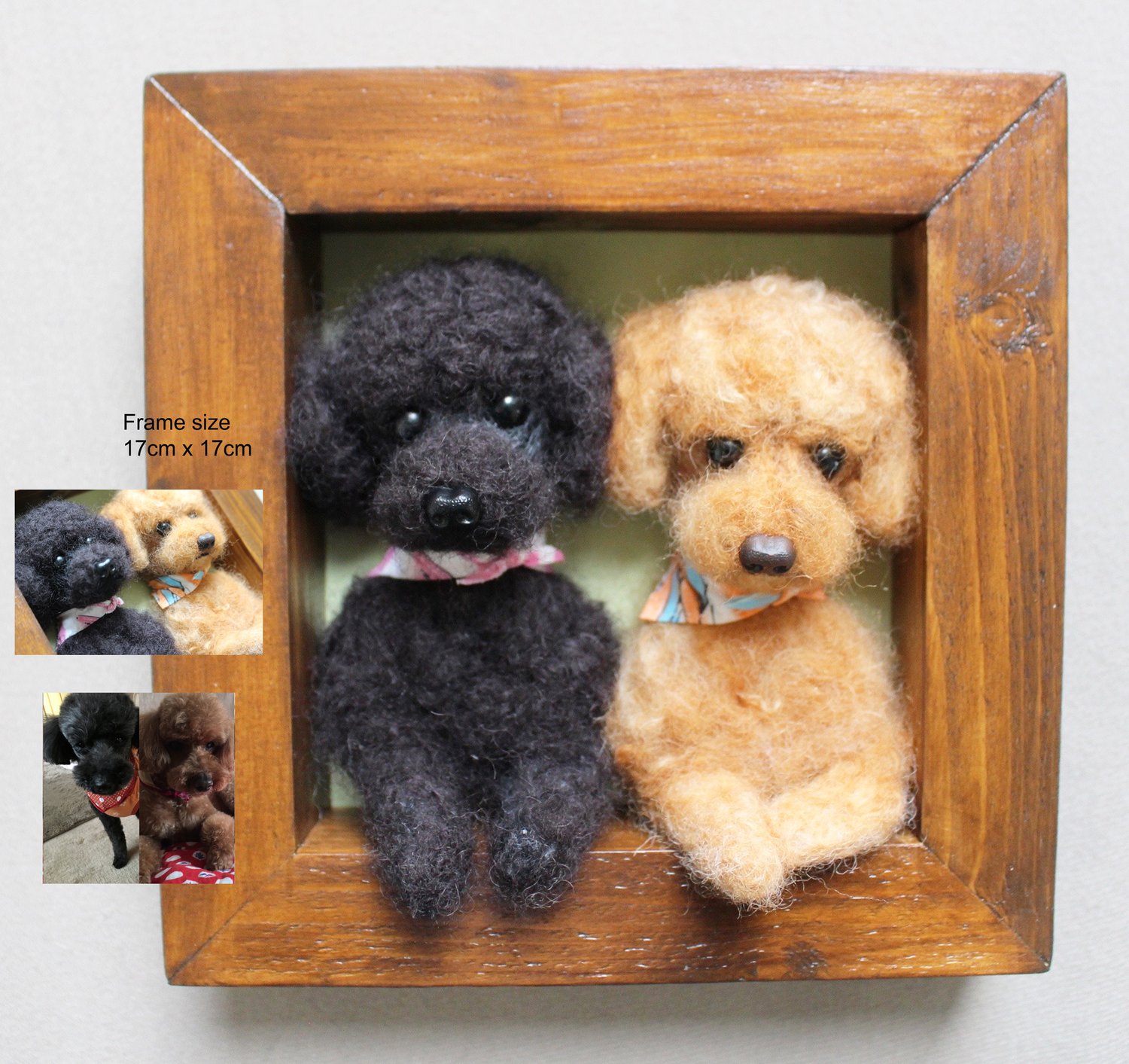 CUSTOMMADE felted your 2 dogs in wooden frame( 17cm x 17cm )