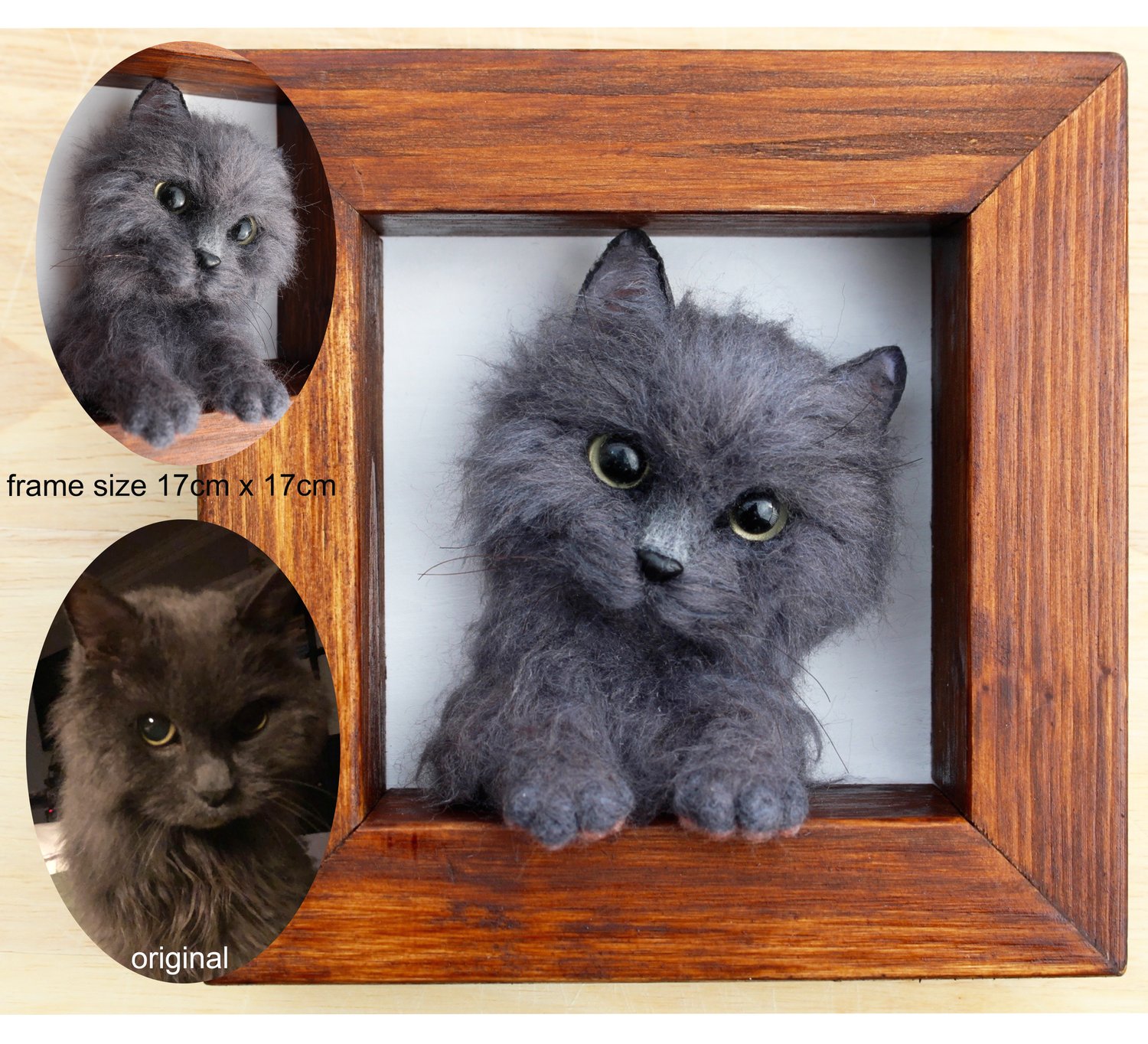  CUSTOM-MADE Felted your cat in wooden frame(17cm x 17cm)