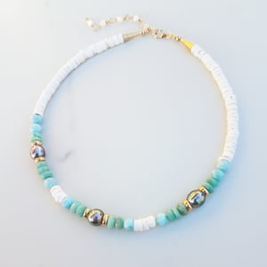 3 Tahitian Pearl & Larimar Puka Shell Necklace