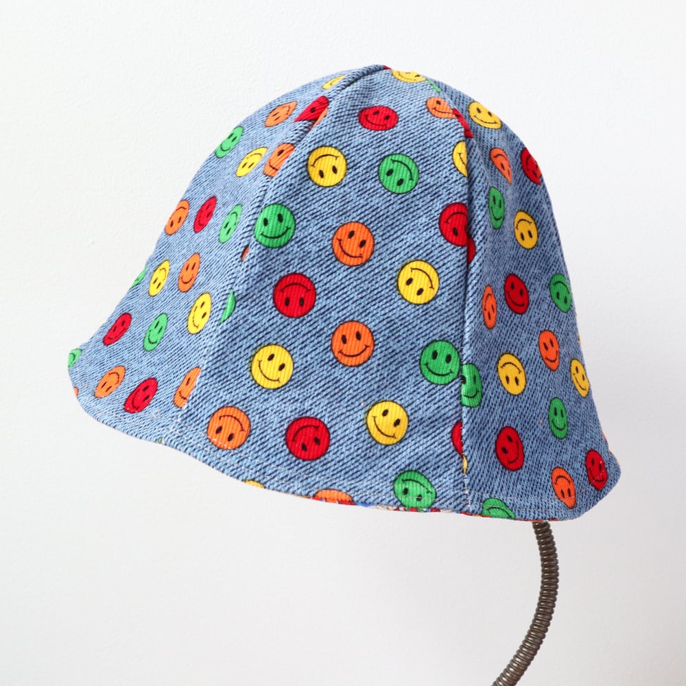 Image of smiley face corduroy vintage fabric six panel bucket hat buckethat sunhat courtneycourtney 