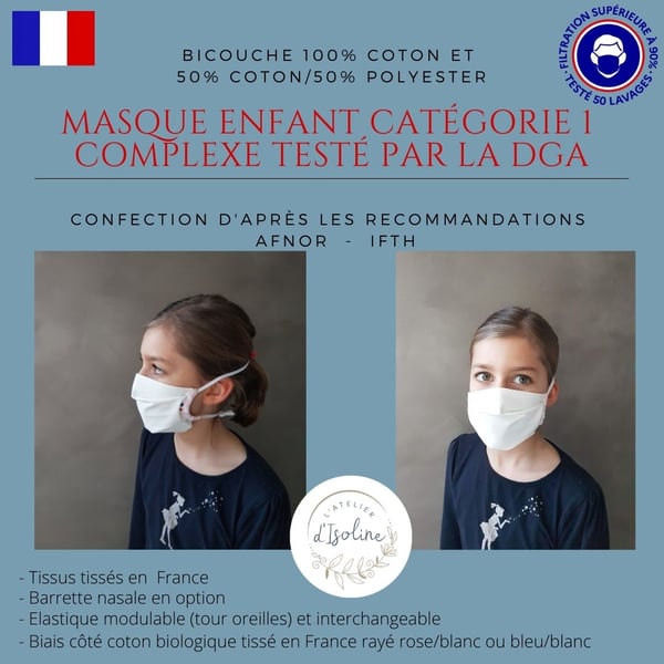 Image of Masque Tissu Enfant  "grand public filtration supérieure à 90%" de Catégorie 1 FRANCAIS