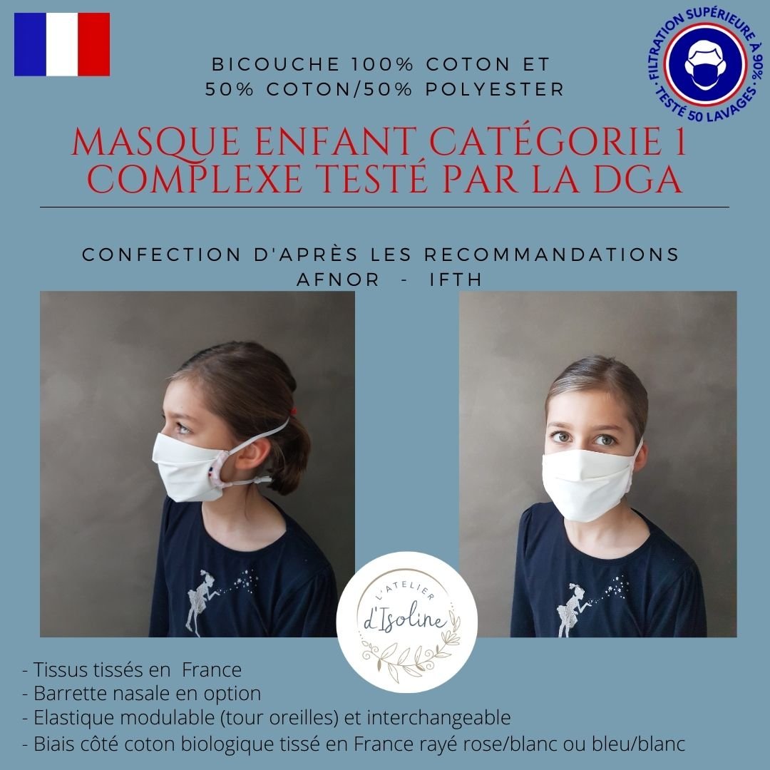 L'Atelier d'Isoline — Masque Tissu Enfant grand public filtration  supérieure à 90% de Catégorie 1 FRANCAIS