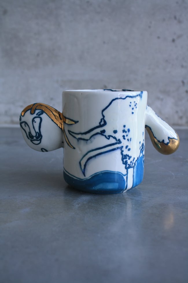 Hand painted porcelain mug with two handles
